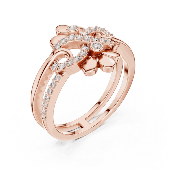 Three-Quarter View: Round Brilliant Diamond Double Daisy Bypass Fashion Ring with Pavé Setting in 18K Rose Gold – Lab Grown – Driona Jewels