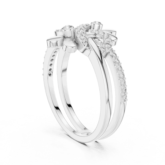 Angle View: Round Brilliant Diamond Double Daisy Bypass Fashion Ring with Pavé Setting in 18K White Gold – Lab Grown – Driona Jewels