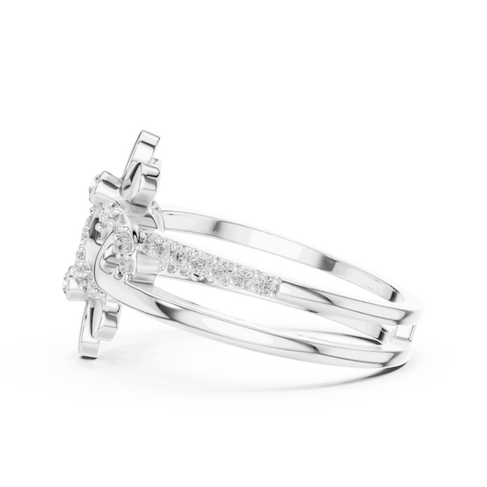 Back View: Round Brilliant Diamond Double Daisy Bypass Fashion Ring with Pavé Setting in 18K White Gold – Lab Grown – Driona Jewels
