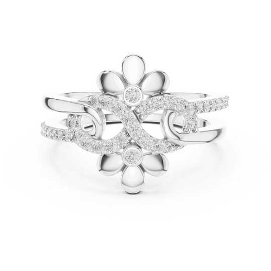 Front View: Round Brilliant Diamond Double Daisy Bypass Fashion Ring with Pavé Setting in 18K White Gold – Lab Grown – Driona Jewels