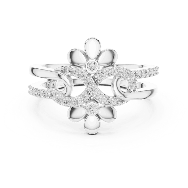 Front View: Round Brilliant Diamond Double Daisy Bypass Fashion Ring with Pavé Setting in 18K White Gold – Lab Grown – Driona Jewels
