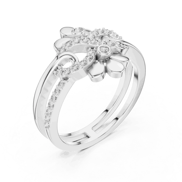 Three-Quarter View: Round Brilliant Diamond Double Daisy Bypass Fashion Ring with Pavé Setting in 18K White Gold – Lab Grown – Driona Jewels