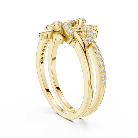 Angle View: Round Brilliant Diamond Double Daisy Bypass Fashion Ring with Pavé Setting in 18K Yellow Gold – Lab Grown – Driona Jewels
