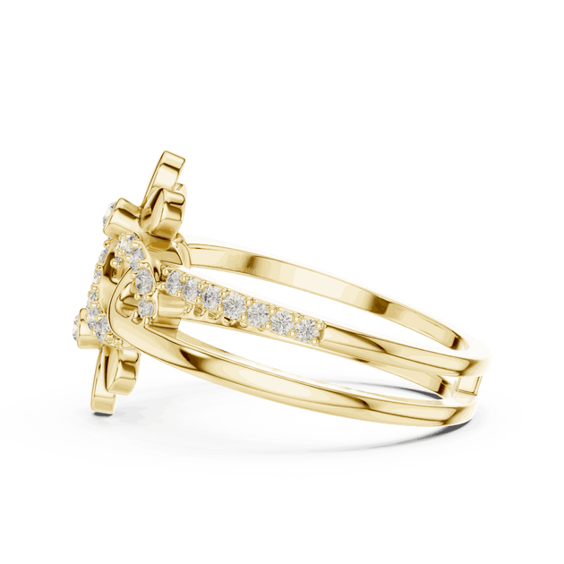 Back View: Round Brilliant Diamond Double Daisy Bypass Fashion Ring with Pavé Setting in 18K Yellow Gold – Lab Grown – Driona Jewels