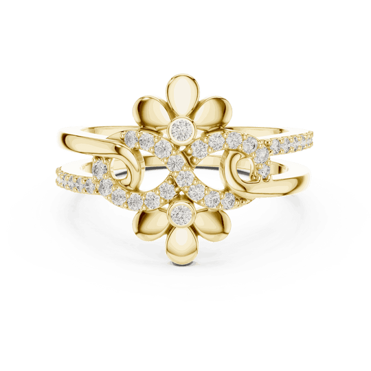 Front View: Round Brilliant Diamond Double Daisy Bypass Fashion Ring with Pavé Setting in 18K Yellow Gold – Lab Grown – Driona Jewels