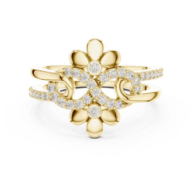 Front View: Round Brilliant Diamond Double Daisy Bypass Fashion Ring with Pavé Setting in 18K Yellow Gold – Lab Grown – Driona Jewels