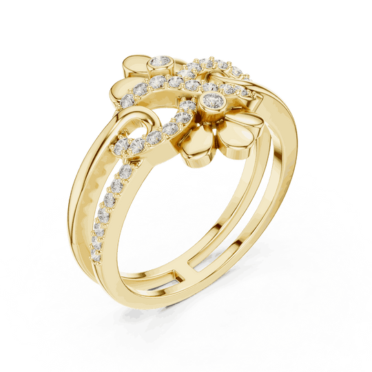 Three-Quarter View: Round Brilliant Diamond Double Daisy Bypass Fashion Ring with Pavé Setting in 18K Yellow Gold – Lab Grown – Driona Jewels