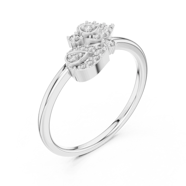 Three-Quarter View: Round Brilliant Diamond Floral Petal Spray Fashion Ring with Pavé Setting in 18K White Gold – Lab Grown – Driona Jewels