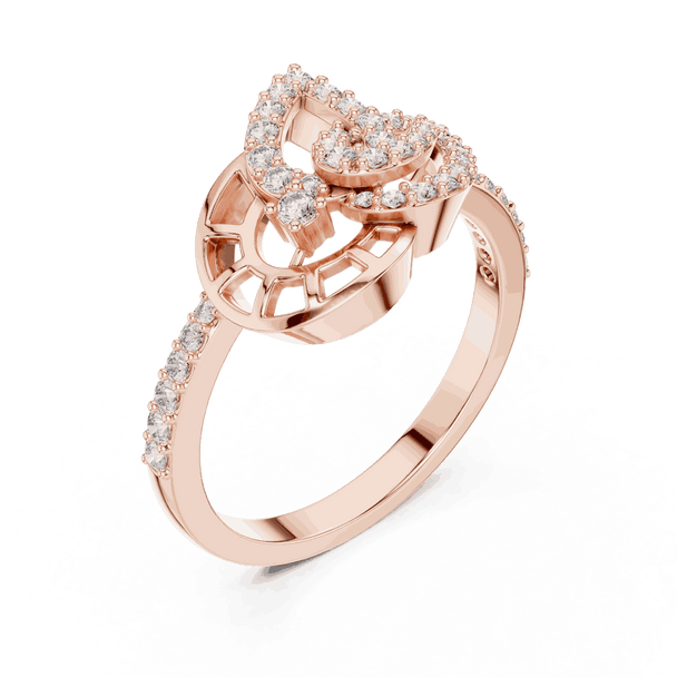 Three-Quarter View: Round Brilliant Diamond Teardrop Bypass Fashion Ring with Pavé Setting in 18K Rose Gold – Lab Grown – Driona Jewels