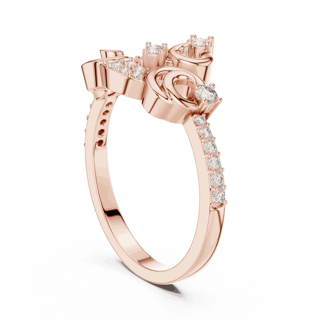 Angle View: Round Brilliant Diamond Vine Scroll Fashion Ring with Pavé Setting in 18K Rose Gold – Lab Grown – Driona Jewels