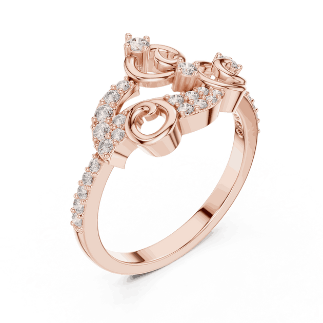 Three-Quarter View: Round Brilliant Diamond Vine Scroll Fashion Ring with Pavé Setting in 18K Rose Gold – Lab Grown – Driona Jewels