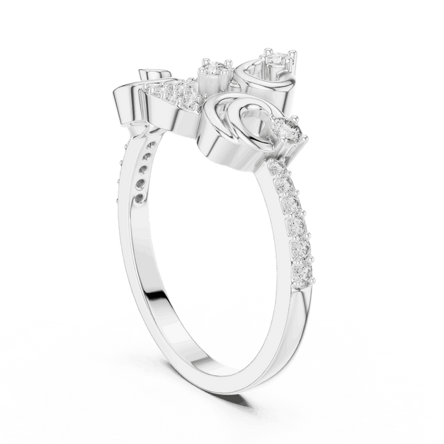 Angle View: Round Brilliant Diamond Vine Scroll Fashion Ring with Pavé Setting in 18K White Gold – Lab Grown – Driona Jewels