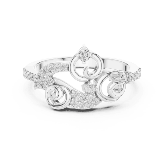 Front View: Round Brilliant Diamond Vine Scroll Fashion Ring with Pavé Setting in 18K White Gold – Lab Grown – Driona Jewels