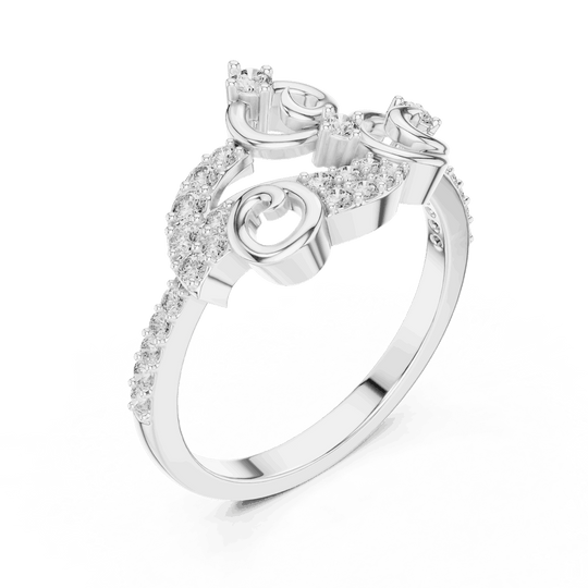 Three-Quarter View: Round Brilliant Diamond Vine Scroll Fashion Ring with Pavé Setting in 18K White Gold – Lab Grown – Driona Jewels