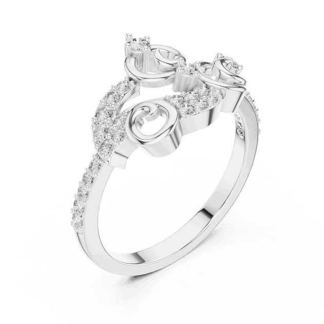 Three-Quarter View: Round Brilliant Diamond Vine Scroll Fashion Ring with Pavé Setting in 18K White Gold – Lab Grown – Driona Jewels