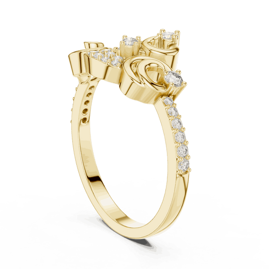Angle View: Round Brilliant Diamond Vine Scroll Fashion Ring with Pavé Setting in 18K Yellow Gold – Lab Grown – Driona Jewels