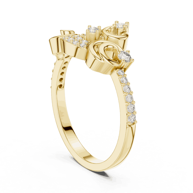 Angle View: Round Brilliant Diamond Vine Scroll Fashion Ring with Pavé Setting in 18K Yellow Gold – Lab Grown – Driona Jewels