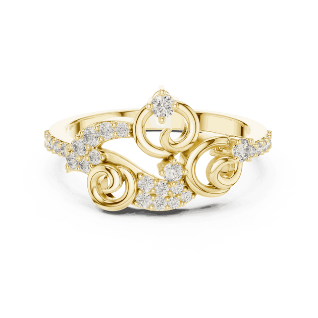 Front View: Round Brilliant Diamond Vine Scroll Fashion Ring with Pavé Setting in 18K Yellow Gold – Lab Grown – Driona Jewels