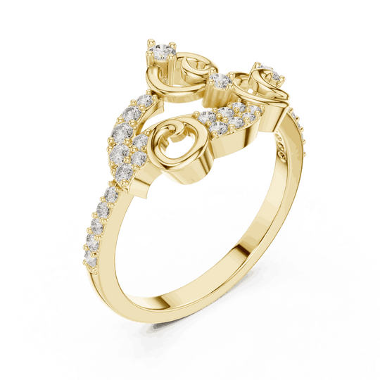 Three-Quarter View: Round Brilliant Diamond Vine Scroll Fashion Ring with Pavé Setting in 18K Yellow Gold – Lab Grown – Driona Jewels
