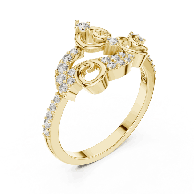 Three-Quarter View: Round Brilliant Diamond Vine Scroll Fashion Ring with Pavé Setting in 18K Yellow Gold – Lab Grown – Driona Jewels