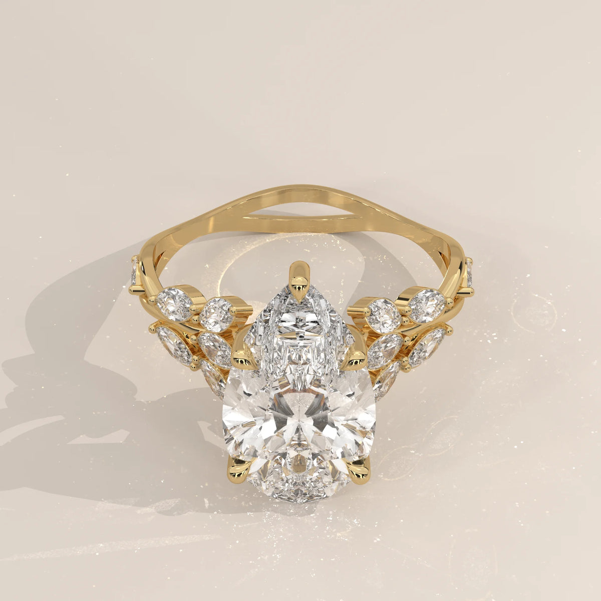 Fiana 5 Carat Pear Lab Grown Diamond Ring, Marquise Vine Band in yellow gold, shown from the front.