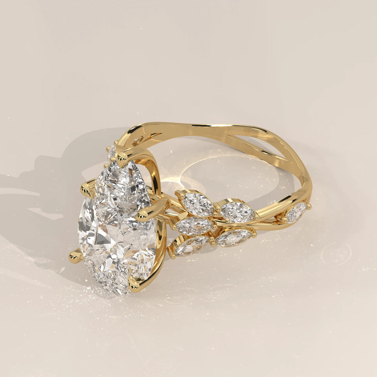 Fiana 5 Carat Pear Lab Grown Diamond Ring, Marquise Vine Band in yellow gold, shown from the side.