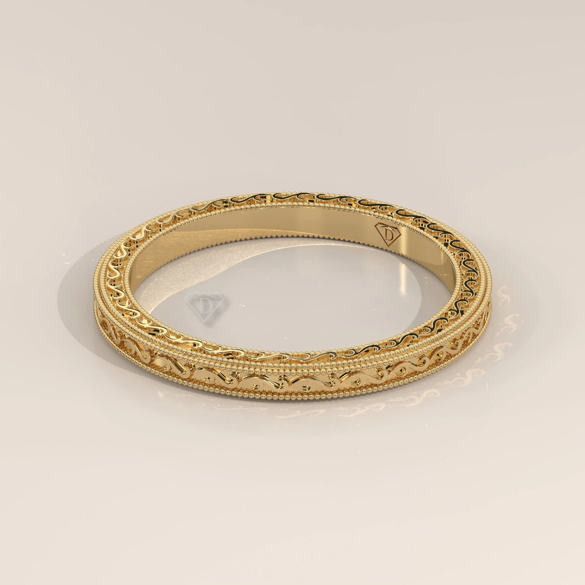 Fine Vine Engraved Slim Gold Band with Beaded Milgrain, photographed at a three-quarter angle.