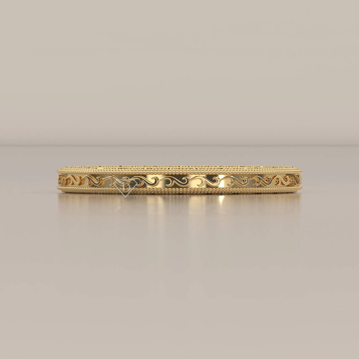 Fine Vine Engraved Slim Gold Band with Beaded Milgrain, shown from the side.
