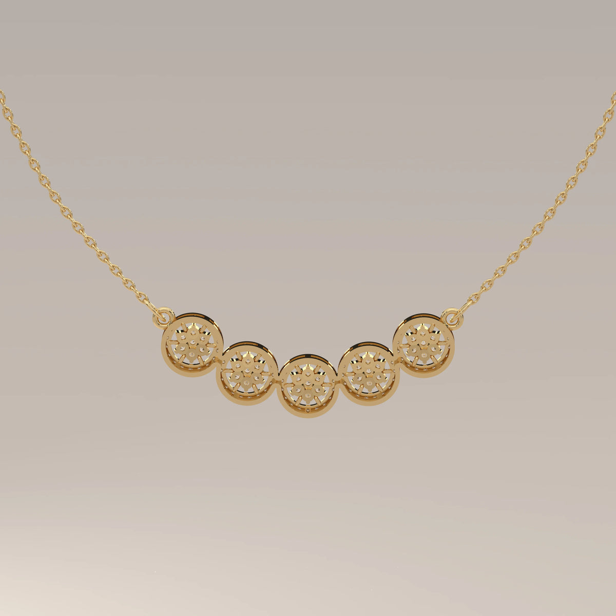 A five interlocking circles lab grown diamond necklace in yellow gold, photographed head-on.