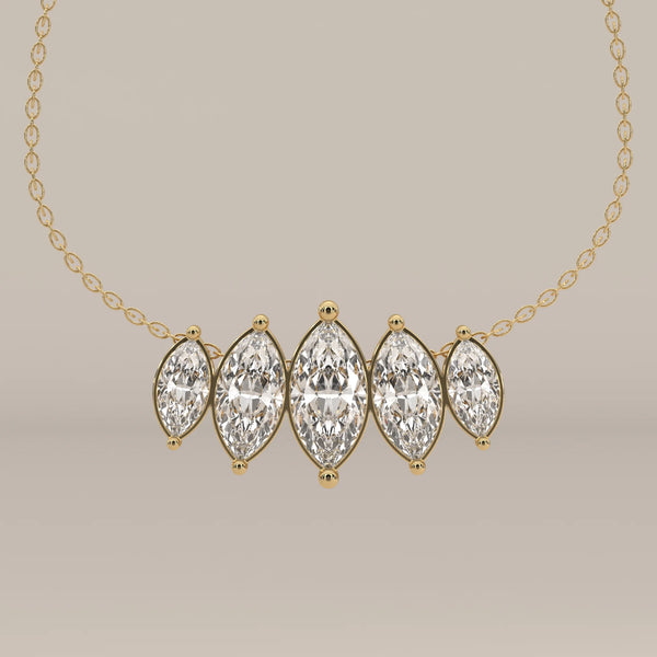 Five Graduated Marquise Lab Grown Diamond Bar Pendant in yellow gold, shown from the front.