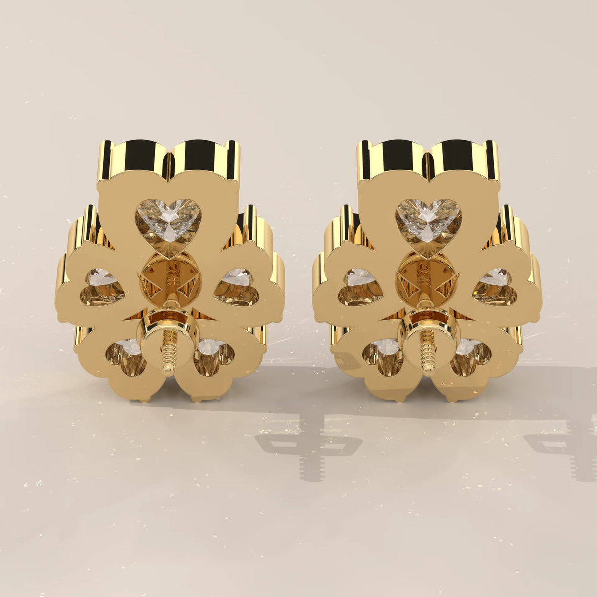Five Heart Lab Grown Diamond Flower Stud Earrings with Gold Bead in yellow gold, photographed head-on.