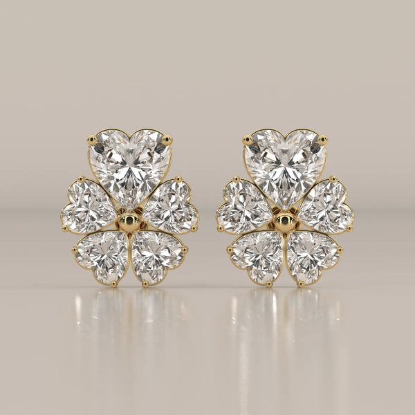 Five Heart Lab Grown Diamond Flower Stud Earrings with Gold Bead in yellow gold, shown from the front.