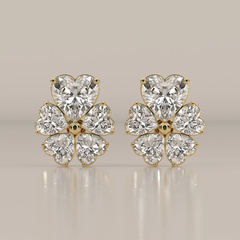 Five Heart Lab Grown Diamond Flower Stud Earrings with Gold Bead in yellow gold, shown from the front.