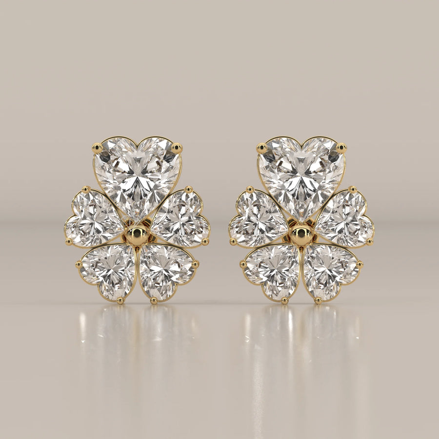 Five Heart Lab Grown Diamond Flower Stud Earrings with Gold Bead in yellow gold, shown from the front.