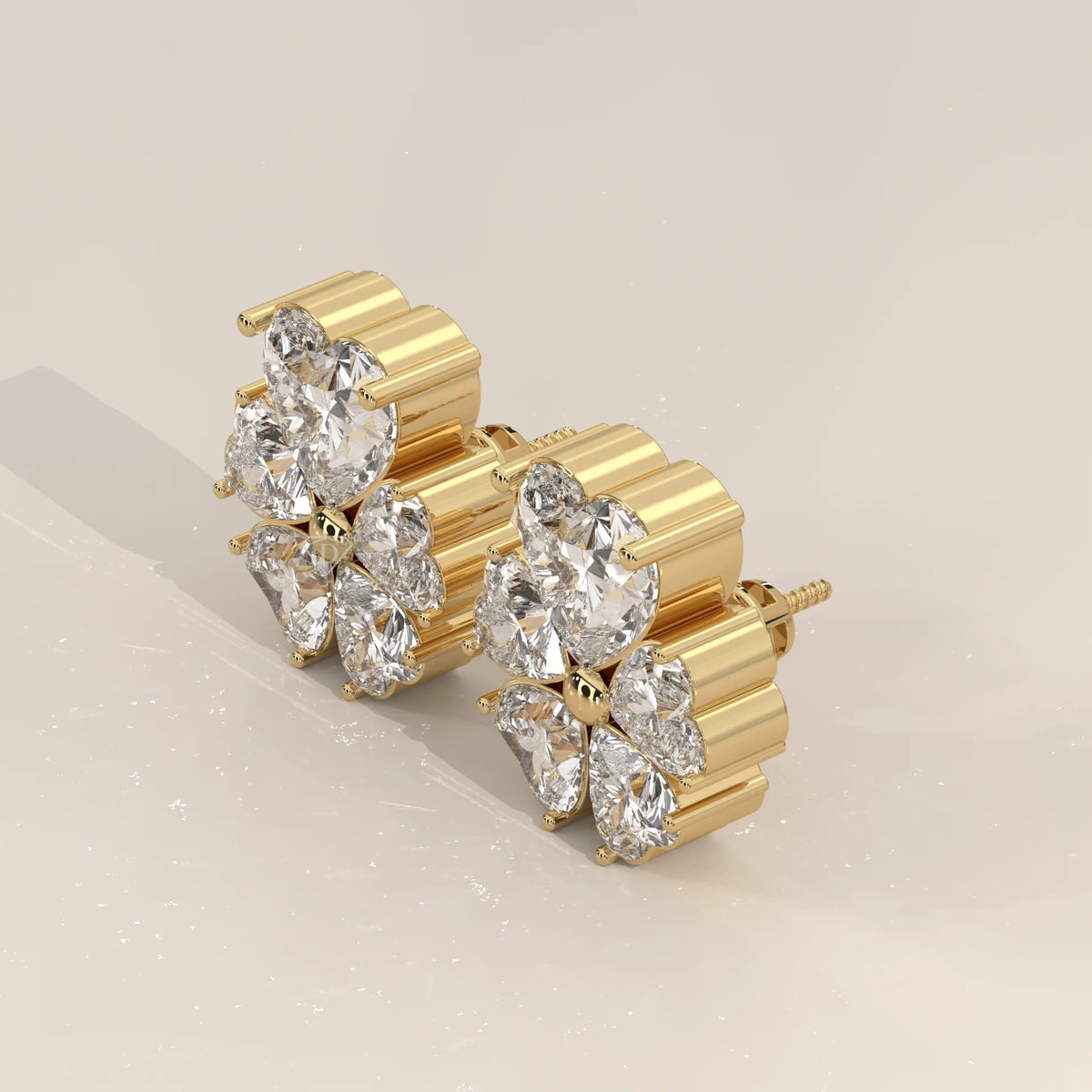 Five Heart Lab Grown Diamond Flower Stud Earrings with Gold Bead in yellow gold, shown from the side.