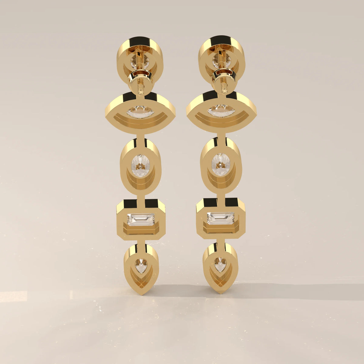 Five Shape Bezel Lab Grown Diamond Linear Drop Earrings in yellow gold, photographed head-on.