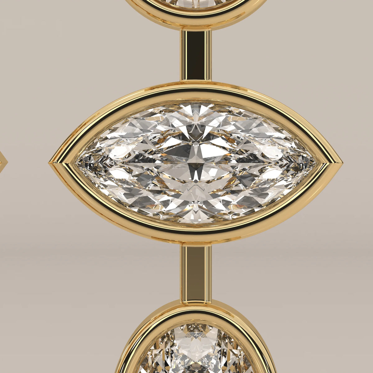 Five Shape Bezel Lab Grown Diamond Linear Drop Earrings in yellow gold, studio photograph on a plain background.