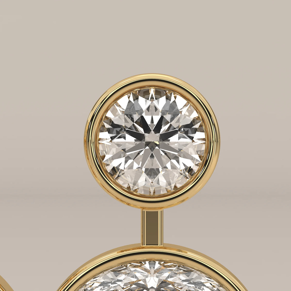 Five Shape Bezel Lab Grown Diamond Linear Drop Earrings in yellow gold, detail view on a plain background.