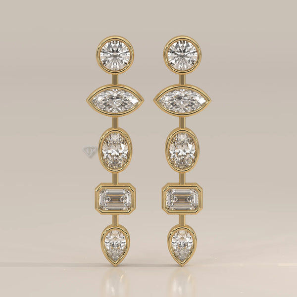 Five Shape Bezel Lab Grown Diamond Linear Drop Earrings in yellow gold, shown from the front.