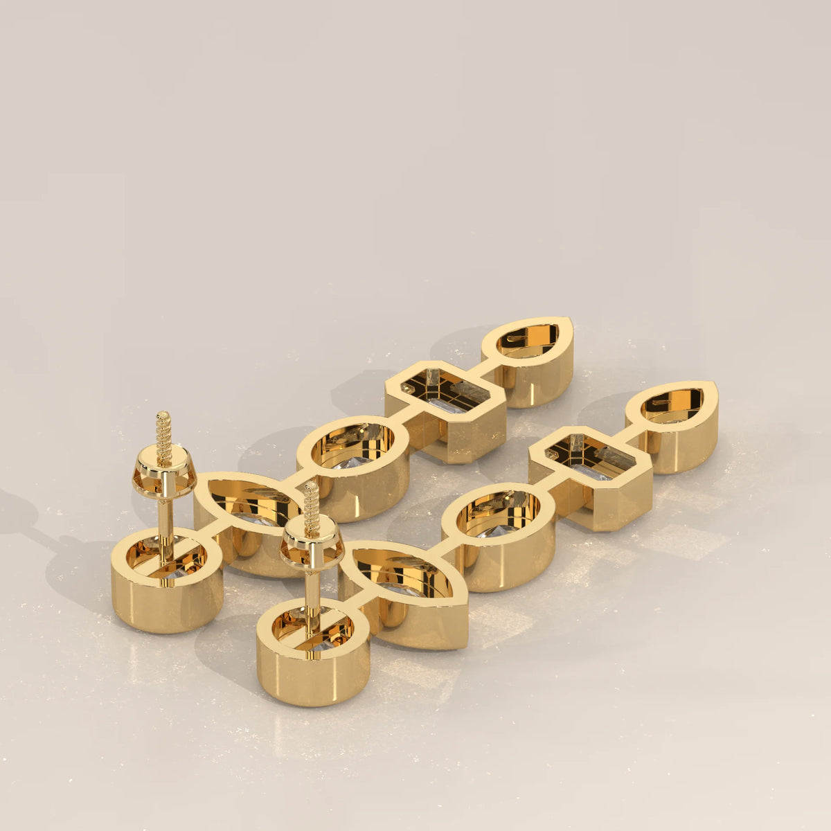 Five Shape Bezel Lab Grown Diamond Linear Drop Earrings in yellow gold, alternate view on a plain background.