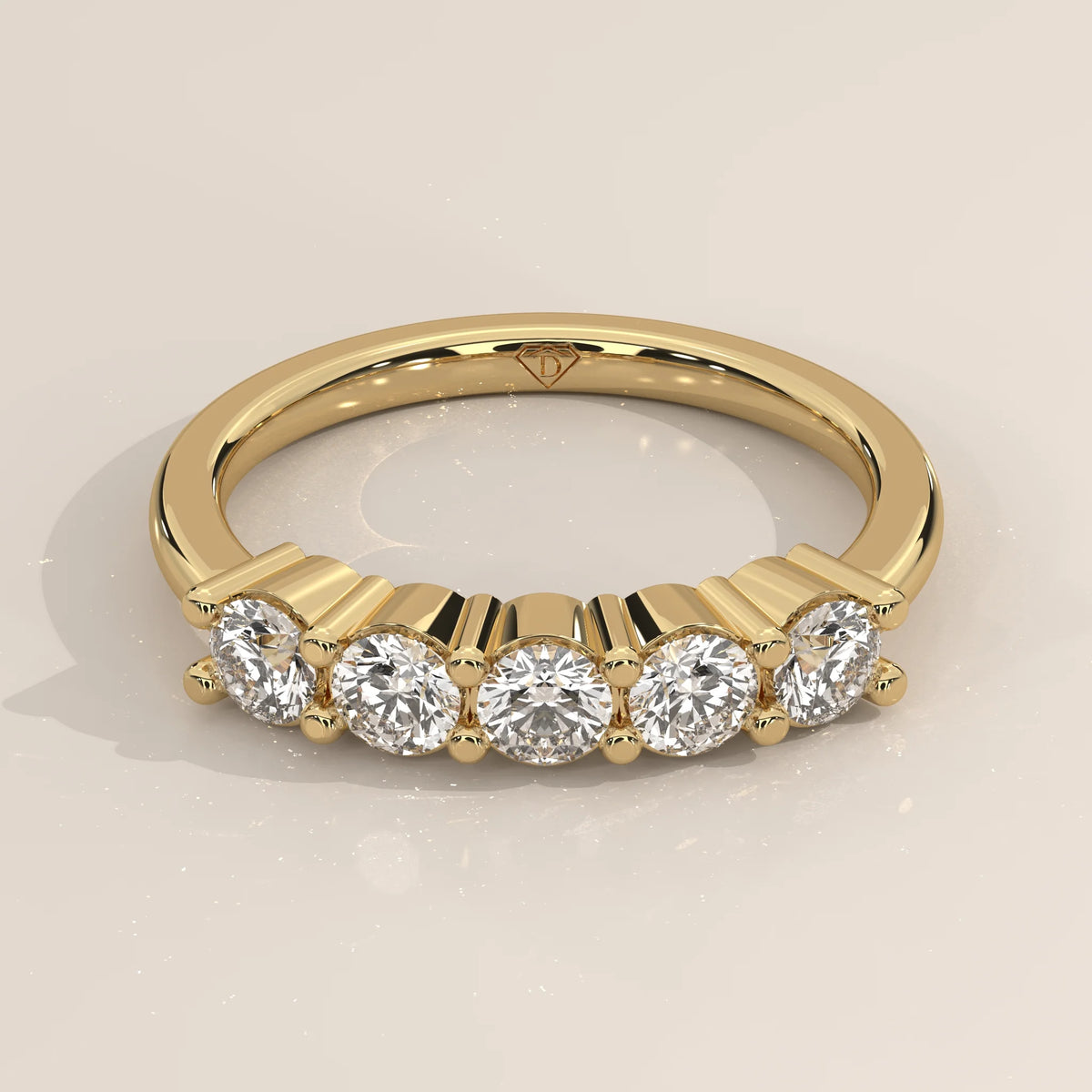 Three-Quarter View: Round Diamond Band with Shared Prong Setting in Yellow Gold – Lab Grown – Driona Jewels