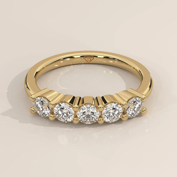 Three-Quarter View: Round Diamond Band with Shared Prong Setting in Yellow Gold – Lab Grown – Driona Jewels