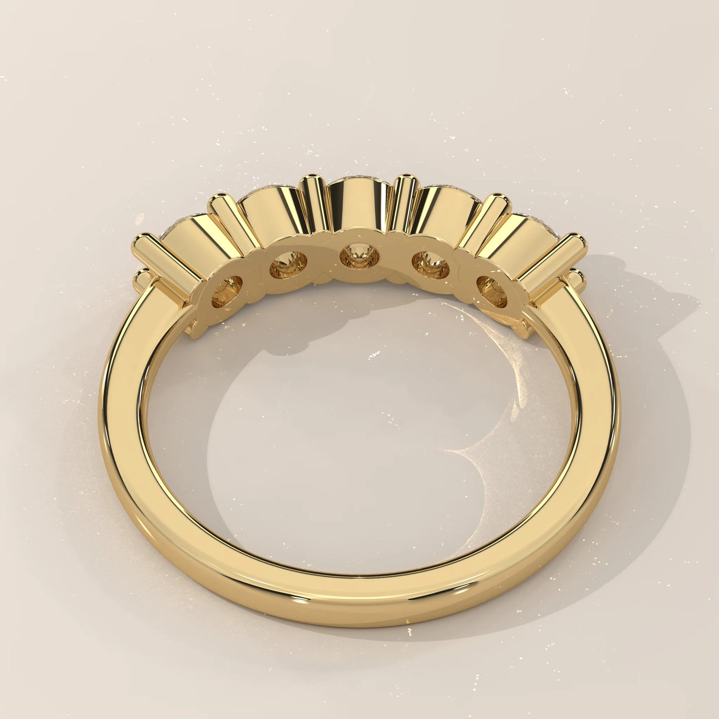 Top View: Round Diamond Band with Shared Prong Setting in Yellow Gold – Lab Grown – Driona Jewels