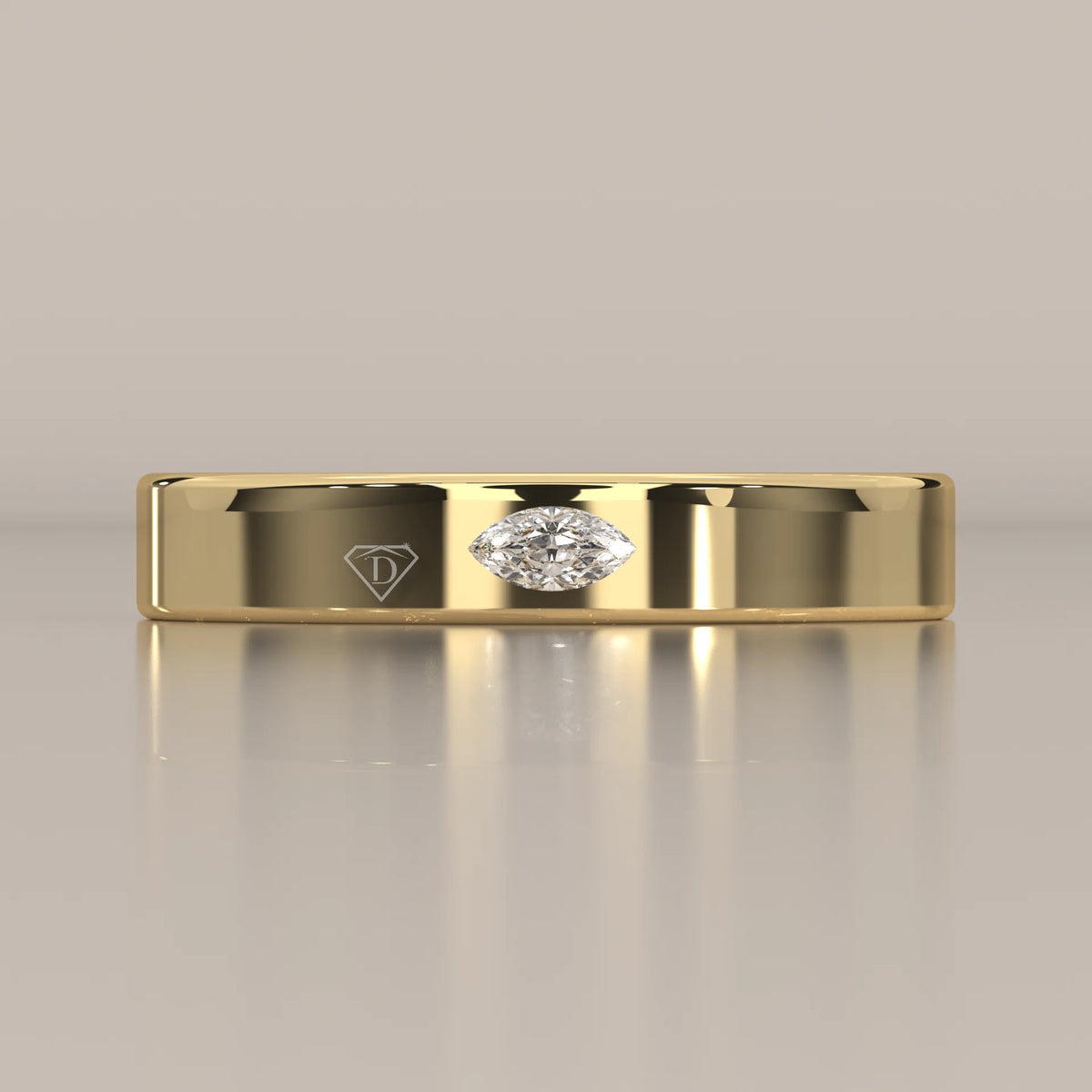 Flat Gold Band with a Single Flush Set Marquise Diamond in yellow gold, photographed head-on.