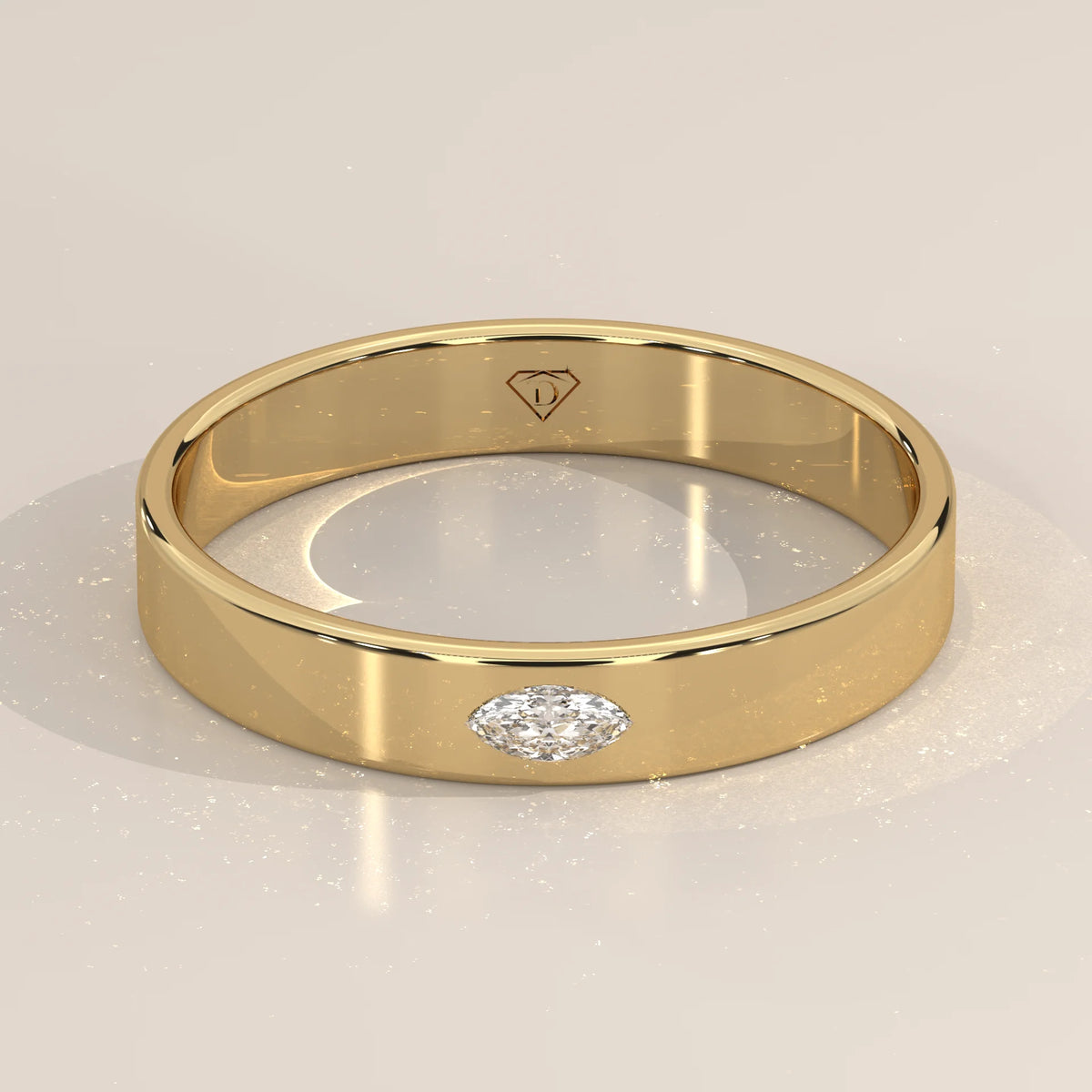 Flat Gold Band with a Single Flush Set Marquise Diamond in yellow gold, shown from the front.