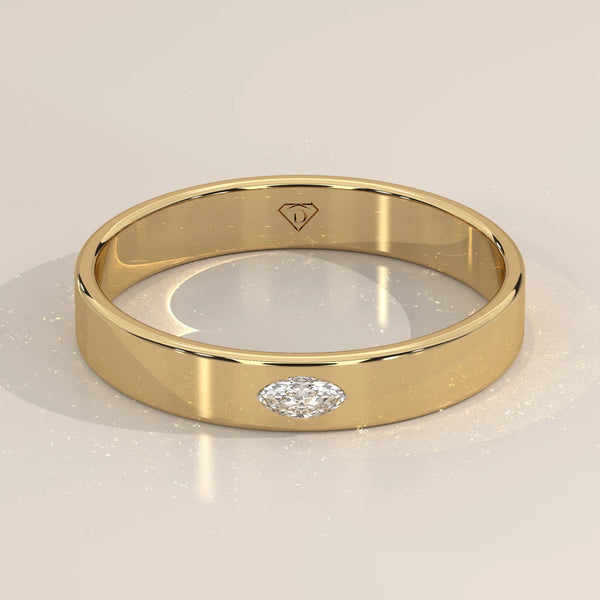Flat Gold Band with a Single Flush Set Marquise Diamond in yellow gold, shown from the front.