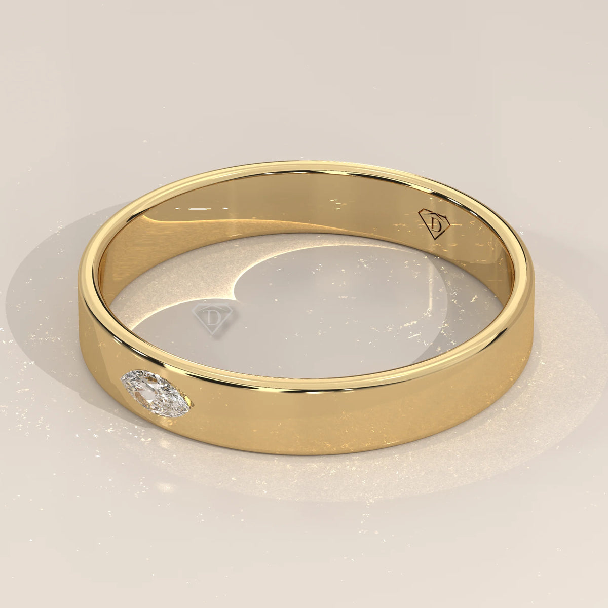 Flat Gold Band with a Single Flush Set Marquise Diamond in yellow gold, shown from the side.
