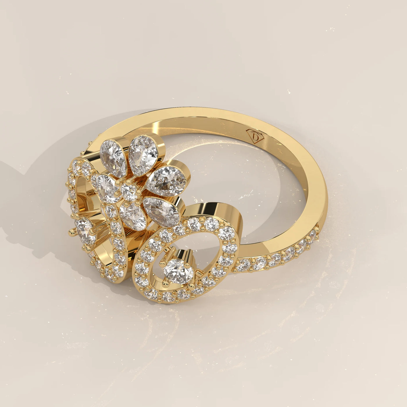 Angle View: Round Diamond Statement Ring with Cluster Setting in Yellow Gold – Lab Grown – Driona Jewels