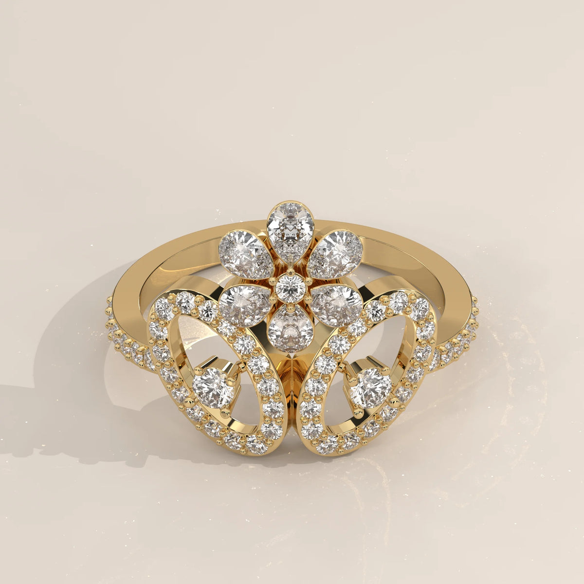 Three-Quarter View: Round Diamond Statement Ring with Cluster Setting in Yellow Gold – Lab Grown – Driona Jewels