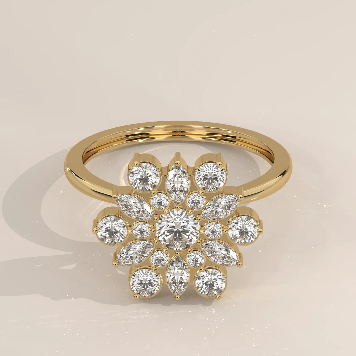 Round Lab Grown Diamond Flower Cluster Ring with Marquise Petals in yellow gold, shown from the front.